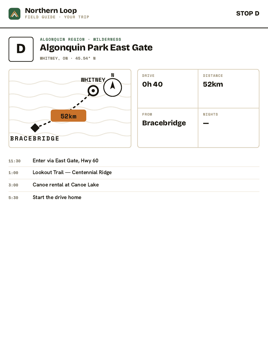 Sample guide stop page: Algonquin Park East Gate with locator map and trail itinerary