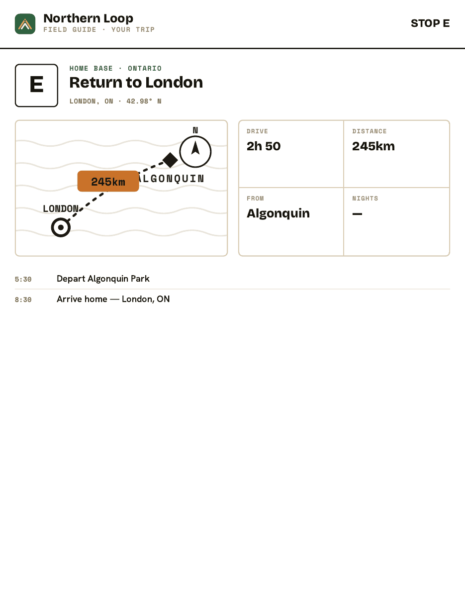 Sample guide stop page: return leg home with route map and drive summary